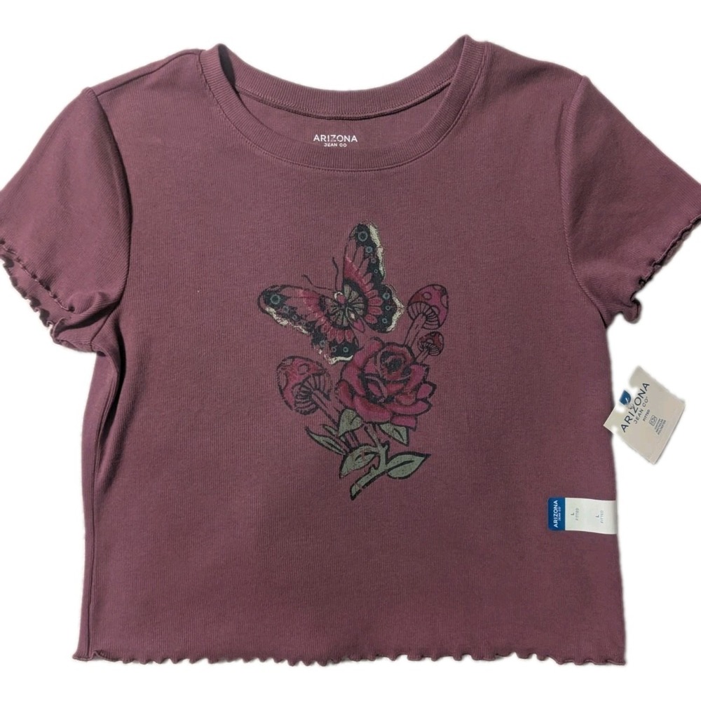 Arizona Jean Co Women's Large Butterfly Rose Mushroom Graphic Ribbed Y2K Top NWT